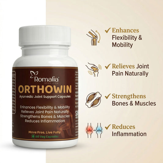 Romalia Orthowin Ayurvedic Joint Support Capsules bottle with benefits listed on a beige background