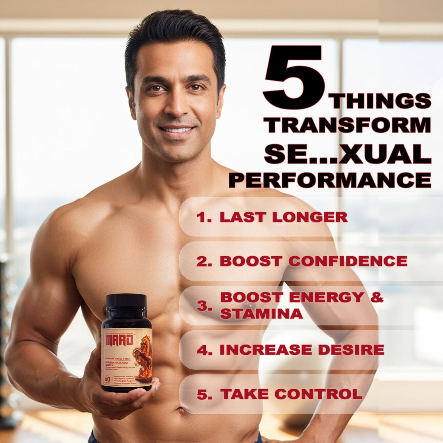 Man holding a supplement bottle with text about sexual performance benefits.