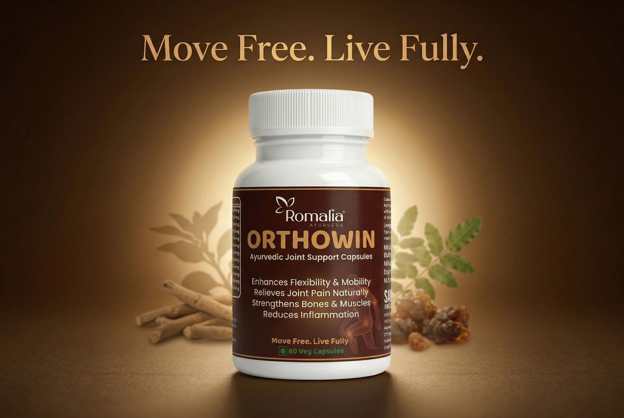 Bottle of Romalix Orthowin capsules with herbs on a brown background