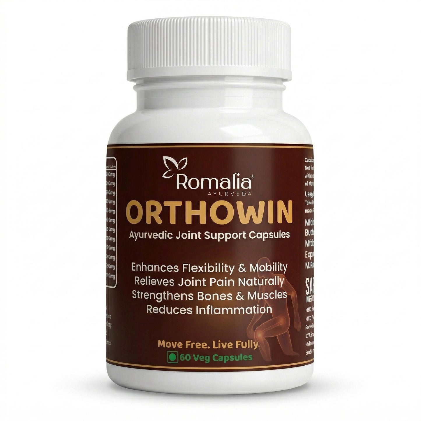 Bottle of Romalia Orthowin Ayurvedic Joint Support Capsules on a white background