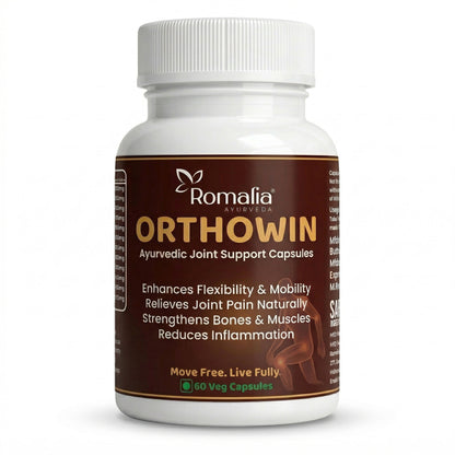 Bottle of Romalia Orthowin Ayurvedic Joint Support Capsules on a white background