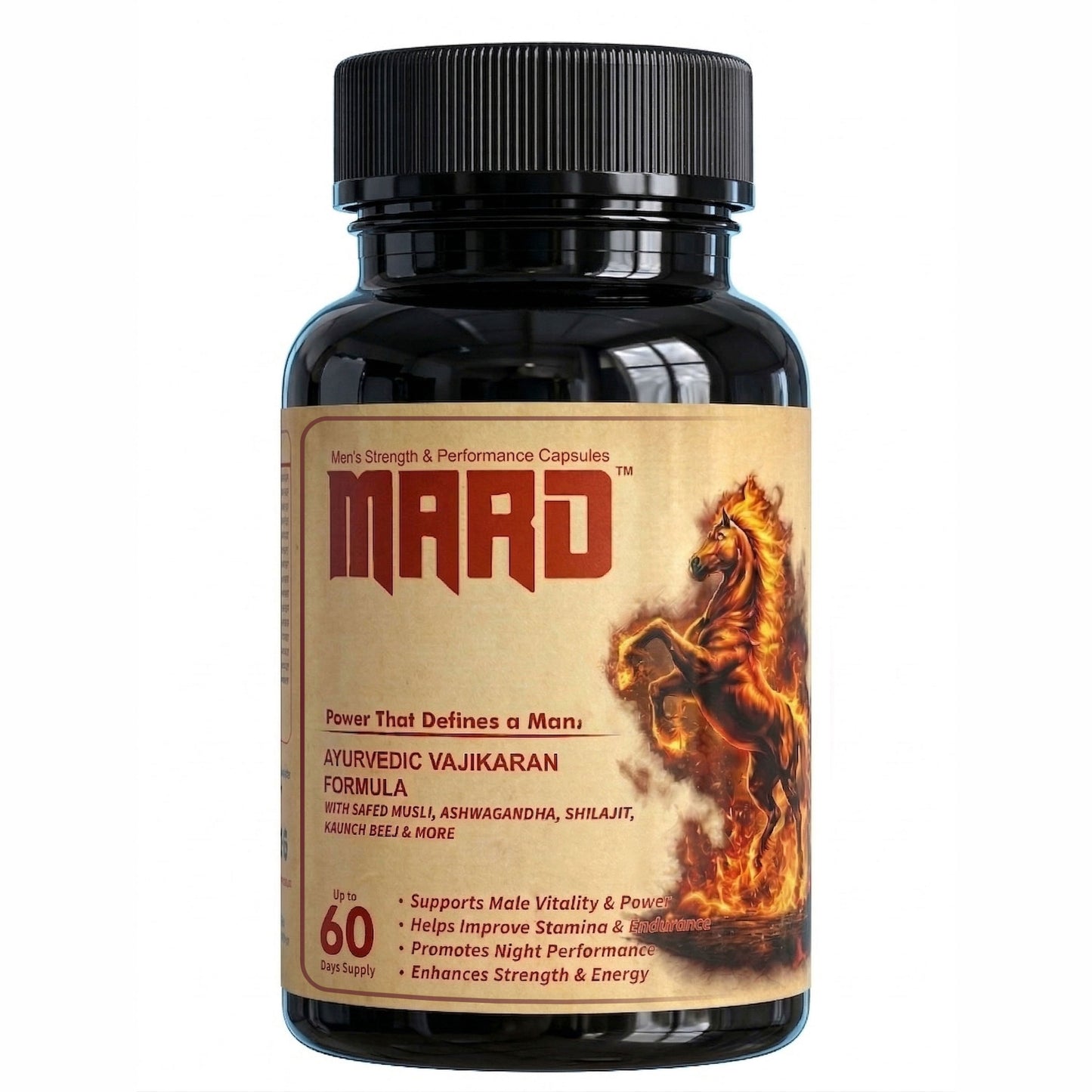 Supplement bottle labeled 'MARD' with a fiery horse design on a beige background