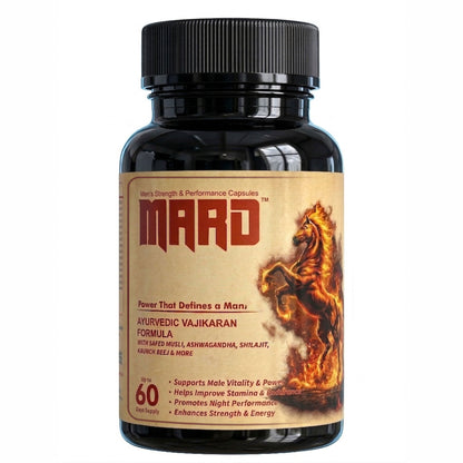 Supplement bottle labeled 'MARD' with a fiery horse design on a beige background