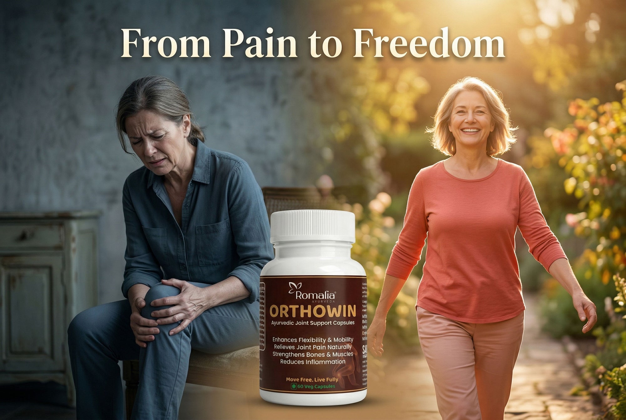Woman with knee pain sitting next to a bottle of Orthowin, with another woman walking outdoors, text 'From Pain to Freedom'.