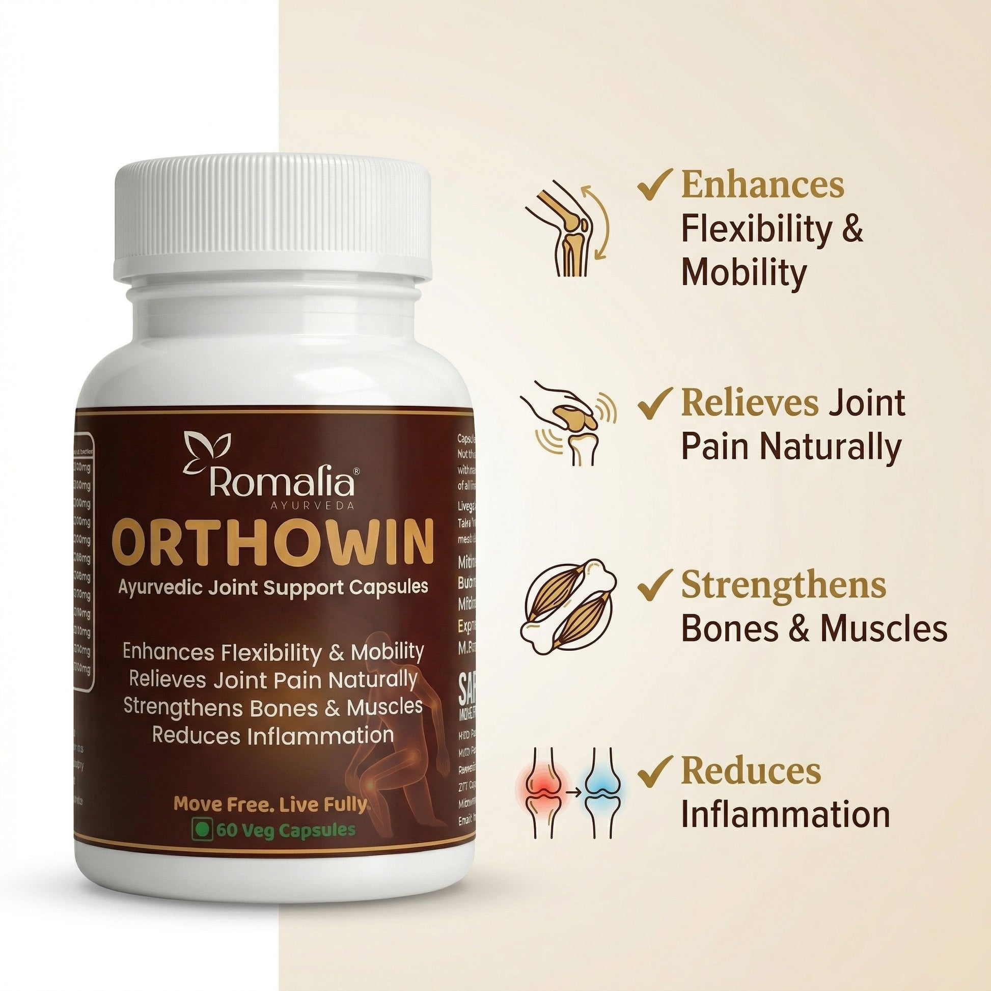 Romalia Orthowin Ayurvedic Joint Support Capsules bottle with benefits listed on a beige background