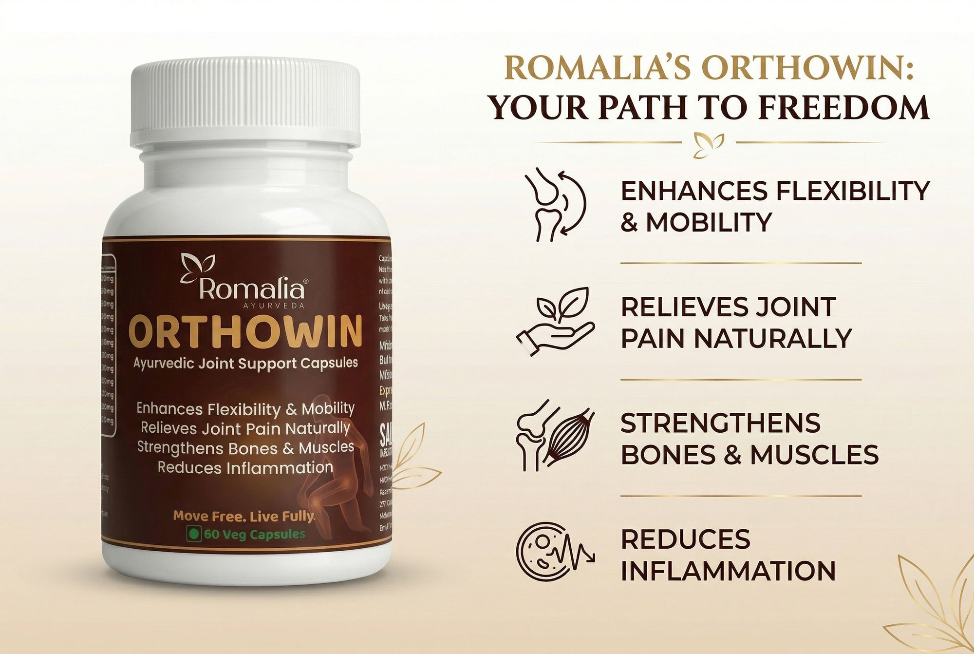 Romalia Orthowin supplement bottle with product benefits on a beige background