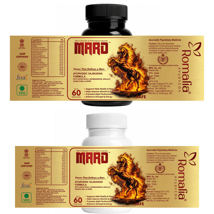 Two bottles of a product with fiery horse design on labels, featuring the brand 'Mard' and 'Romalia'.