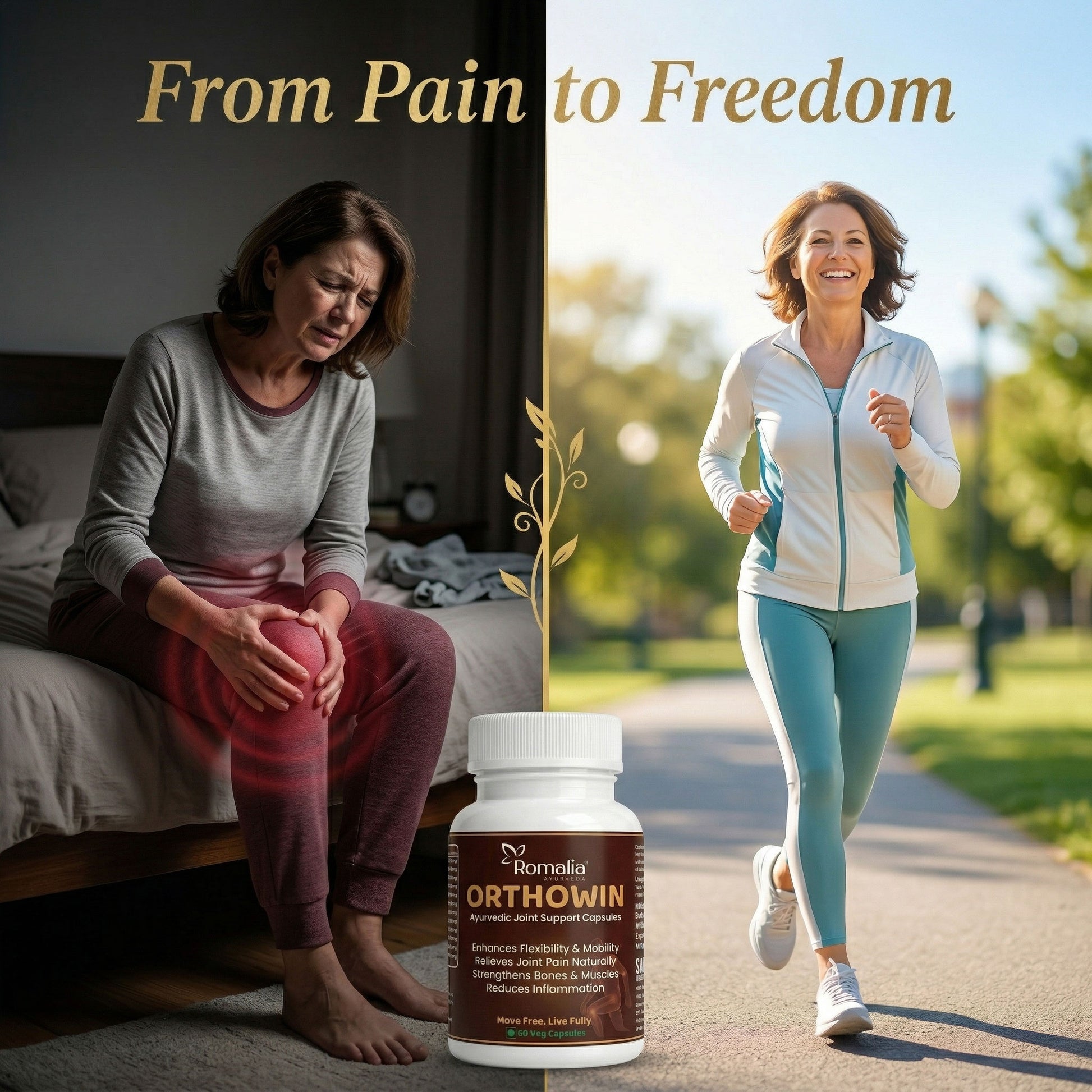 Before and after comparison of a woman with pain and freedom, featuring Orthowin supplement bottle.