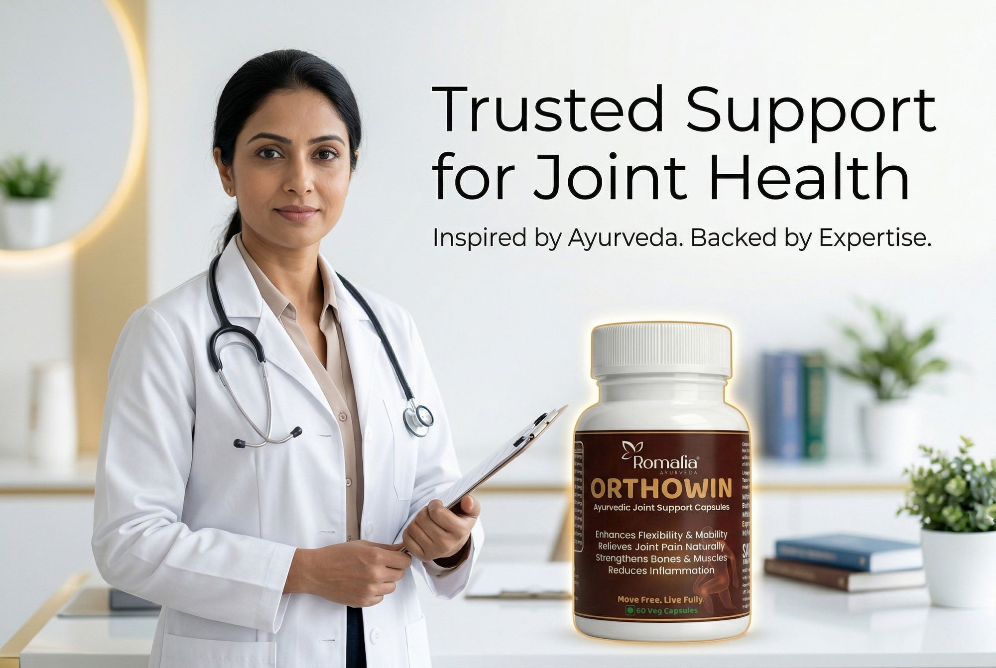Doctor holding a bottle of Orthowin supplements with text about joint health support.