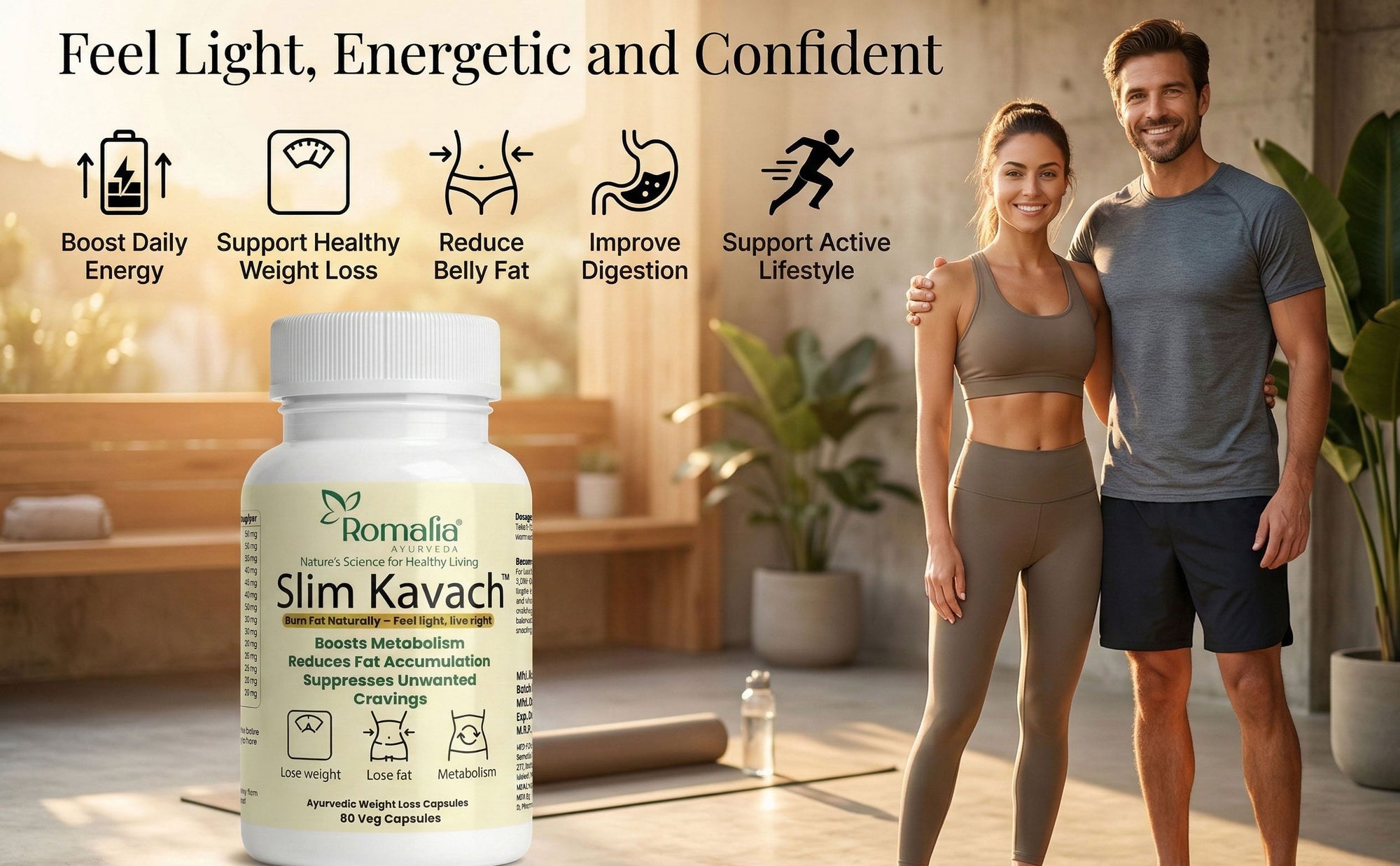 Bottle of Slim Kavach with a couple in a home setting, promoting health and wellness.