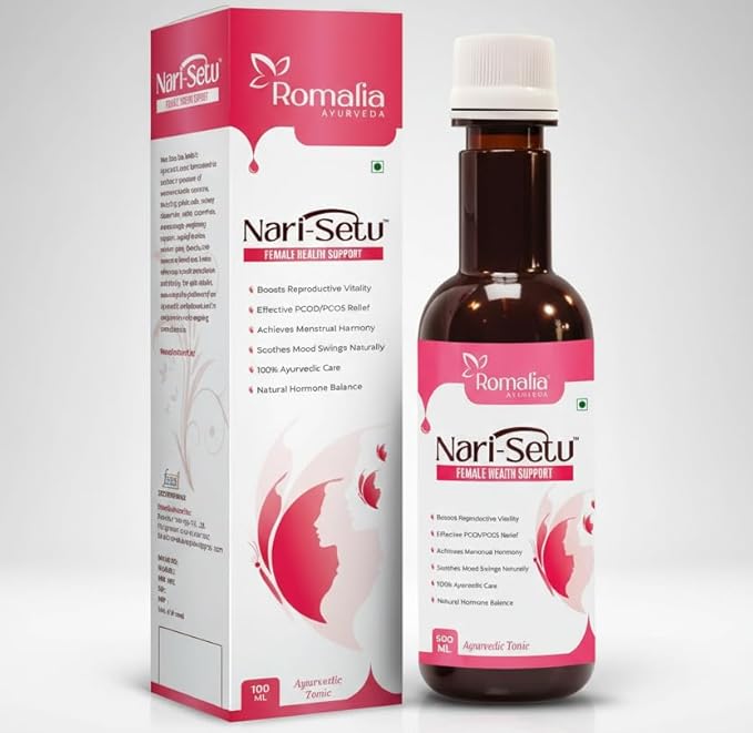 Nari-Setu bottle and packaging with Romalia Ayurveda branding on a light gray background