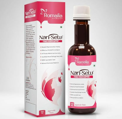 Nari-Setu bottle and packaging with Romalia Ayurveda branding on a light gray background