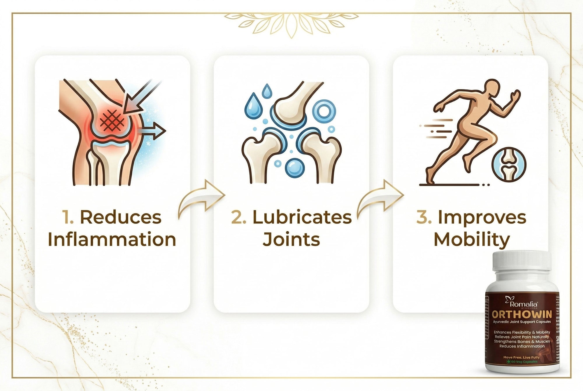 Illustrations of joint health benefits and a bottle of Orthowin supplement on a decorative background.