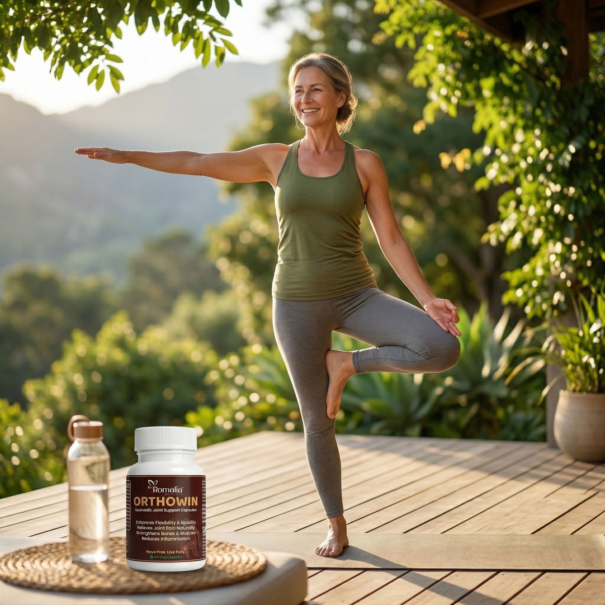 Woman practicing yoga outdoors with Orthowin supplement bottle and water bottle on a wooden deck.
