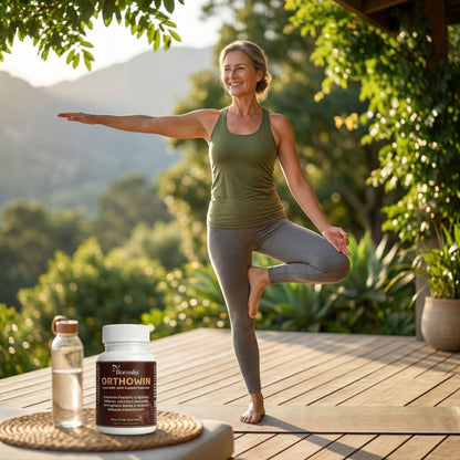 Woman practicing yoga outdoors with Orthowin supplement bottle and water bottle on a wooden deck.