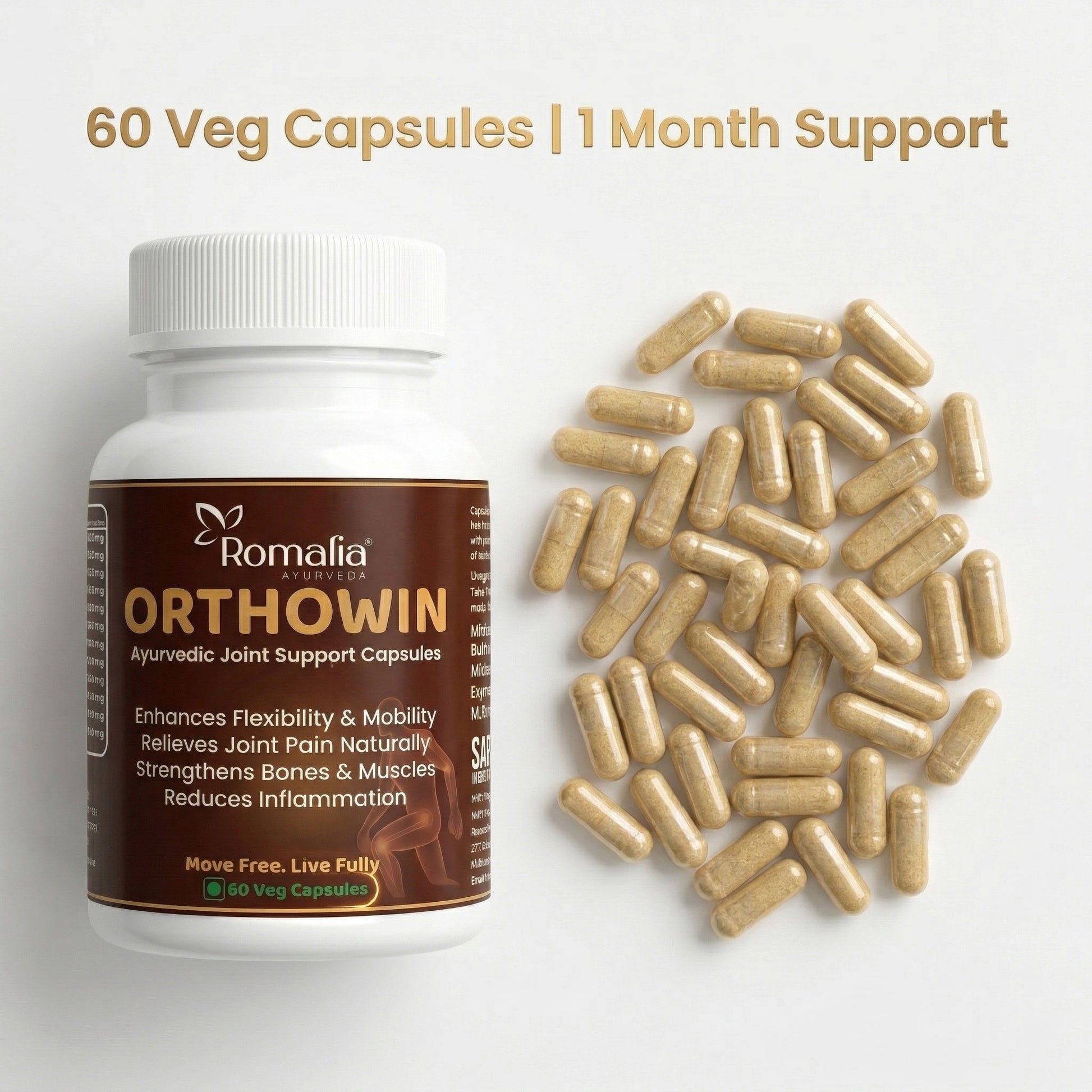 Romalia Orthowin supplement bottle with capsules on a light gray background