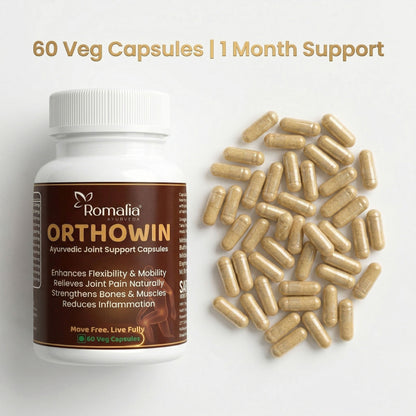 Romalia Orthowin supplement bottle with capsules on a light gray background
