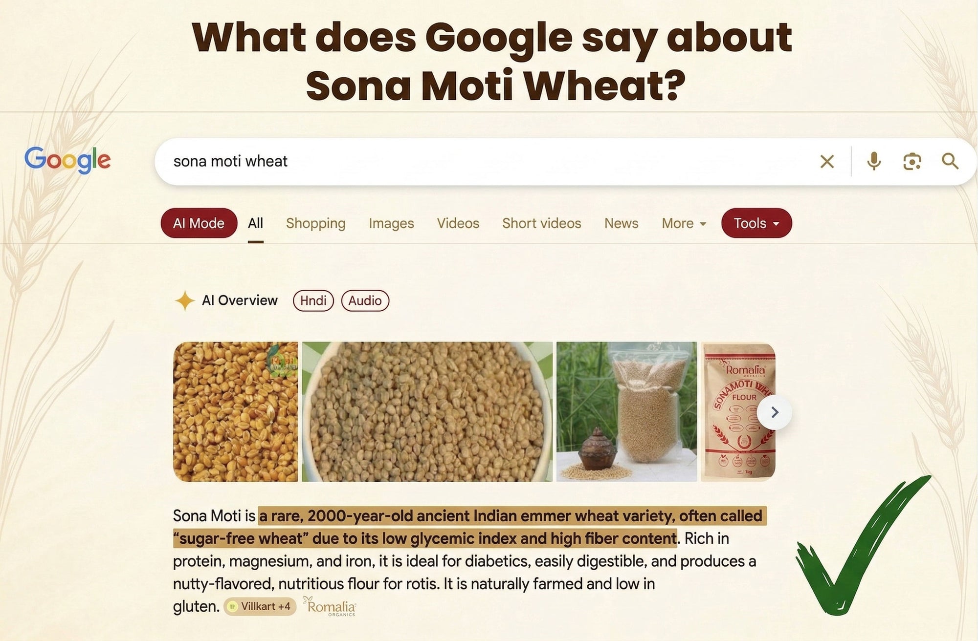 Google search results for 'Sona Moti Wheat' on a beige background with wheat images.