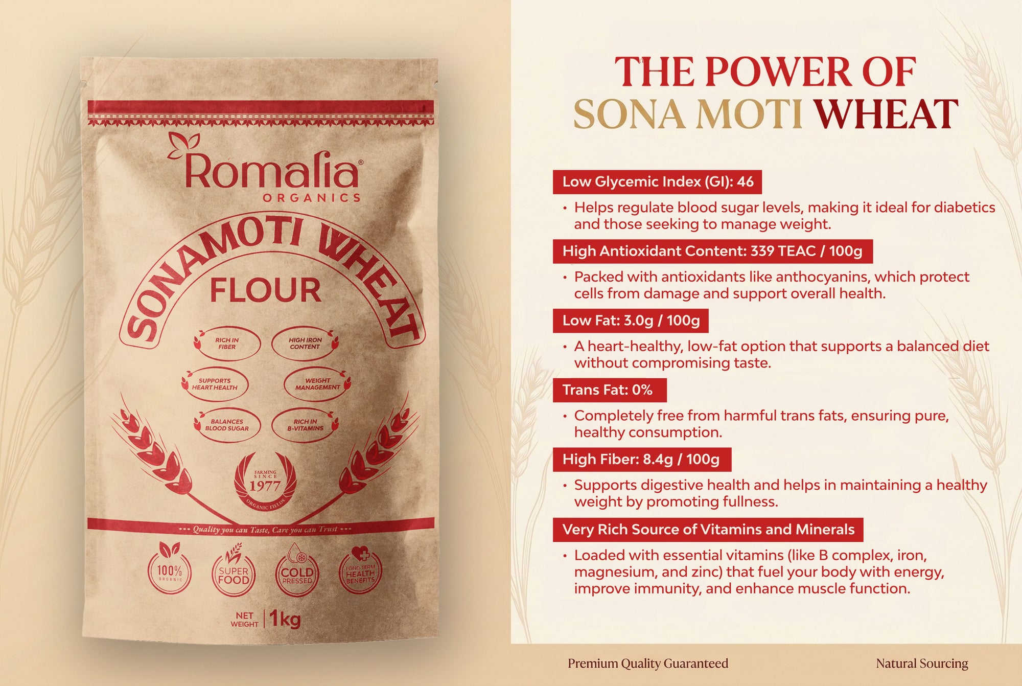 Bag of Romalia Organics Sonamoti Wheat Flour with health benefits text on a beige background