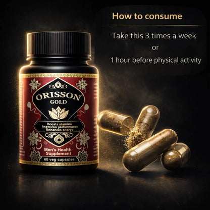 Orisson Gold 50-in-1 African and Ayurvedic herbal capsules for men with Swarn Bhasma, vegetarian wellness supplement by Romalia, 60 capsules