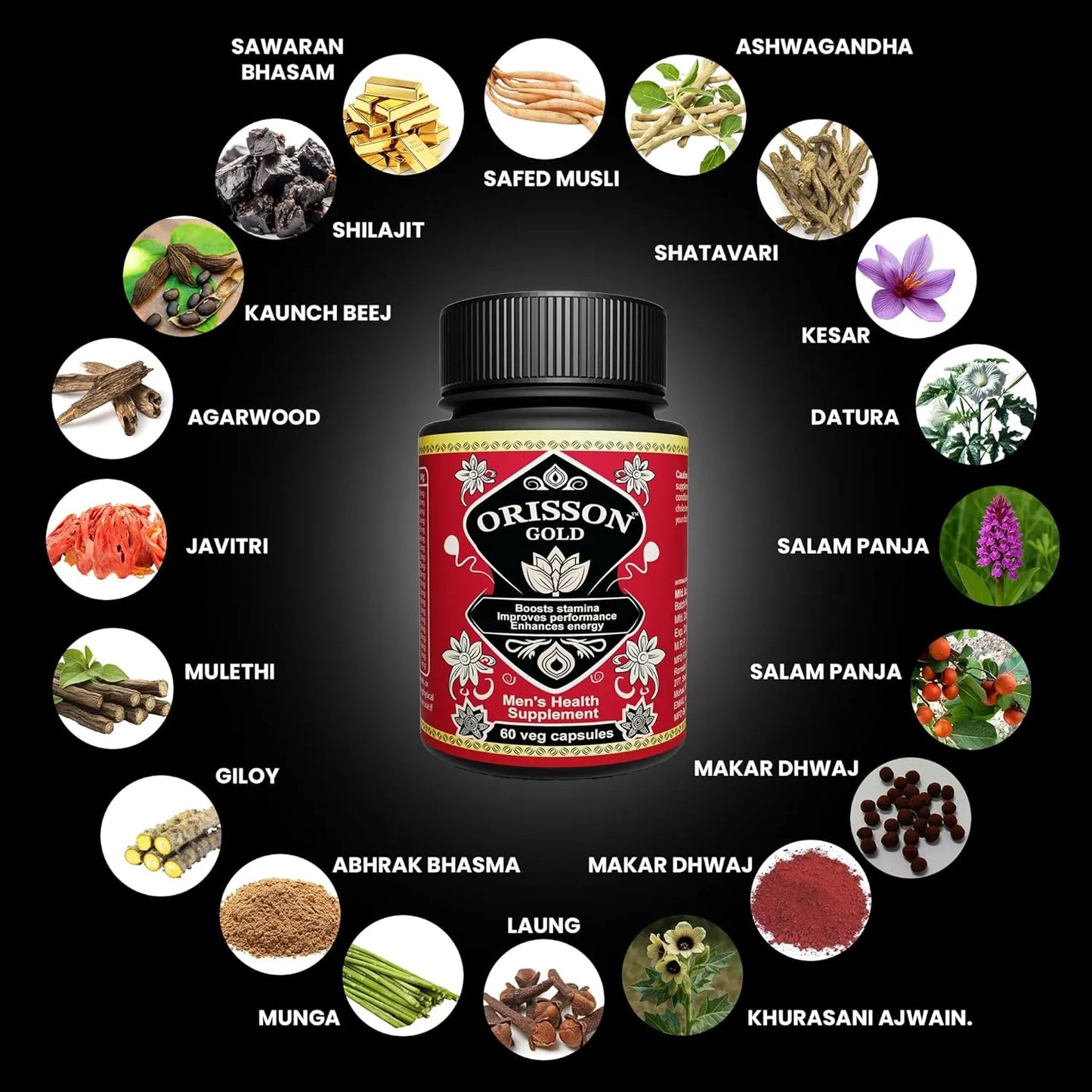 Romalia Orisson Gold 50-in-1 herbal capsules for men with Ayurvedic and African herbs for strength, stamina and vitality