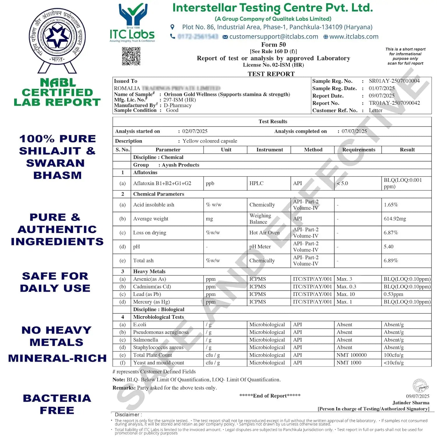 Lab report for Shilajit & Swaran Bhasm with NABL certification and product details. Ayurvedic and African herbal men’s wellness capsules with Swarn Bhasma, Orisson Gold by Romalia
