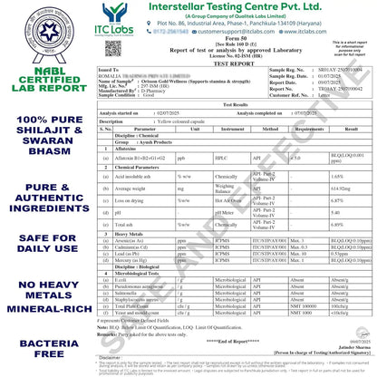 Lab report for Shilajit & Swaran Bhasm with NABL certification and product details. Ayurvedic and African herbal men’s wellness capsules with Swarn Bhasma, Orisson Gold by Romalia