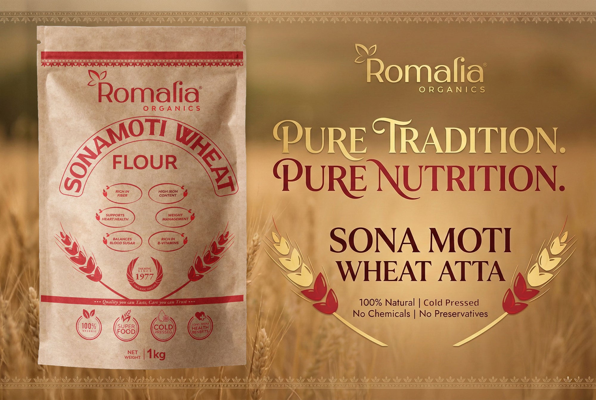 Packaging of Romalia Organics Sonamoti Wheat Flour with branding and product details.