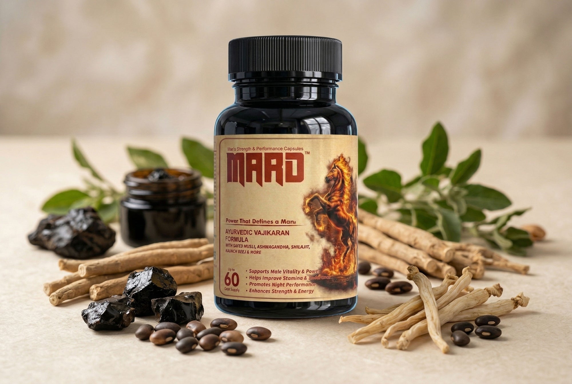 Supplement bottle labeled 'MARD' with natural ingredients on a neutral background