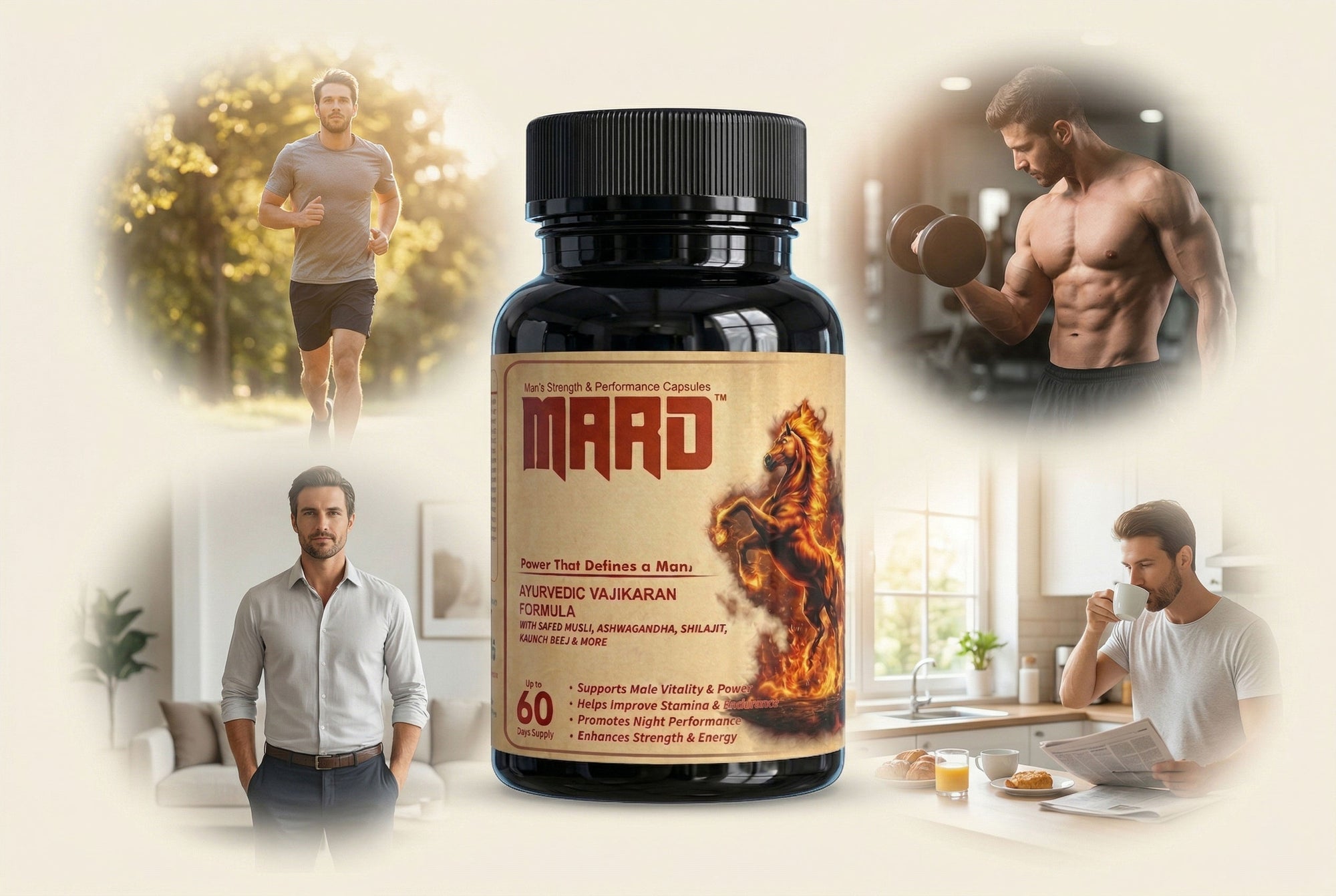 Supplement bottle with a horse label surrounded by images of a man exercising and living a healthy lifestyle.