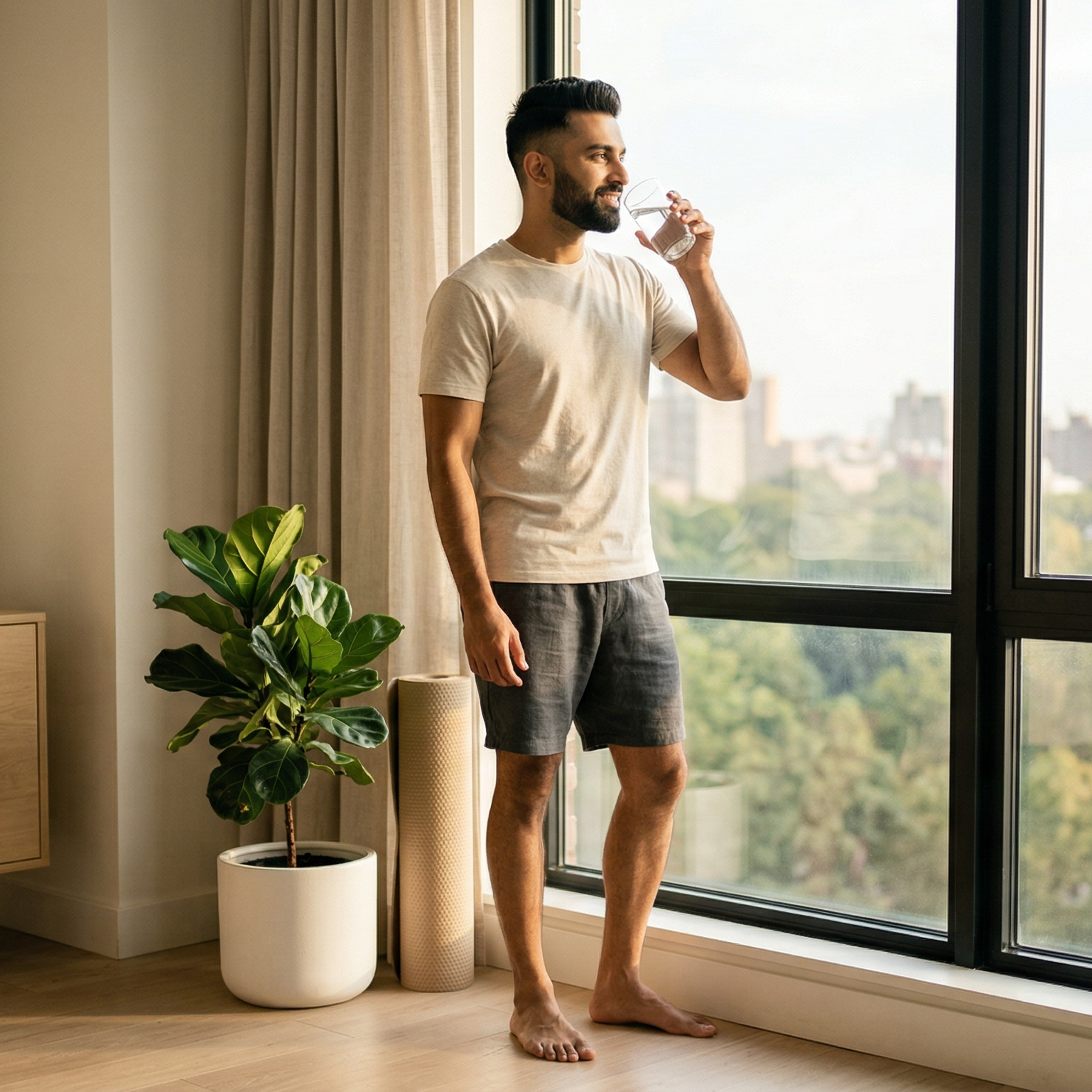 Man standing by a large window in a modern living room, looking out at a cityscape.