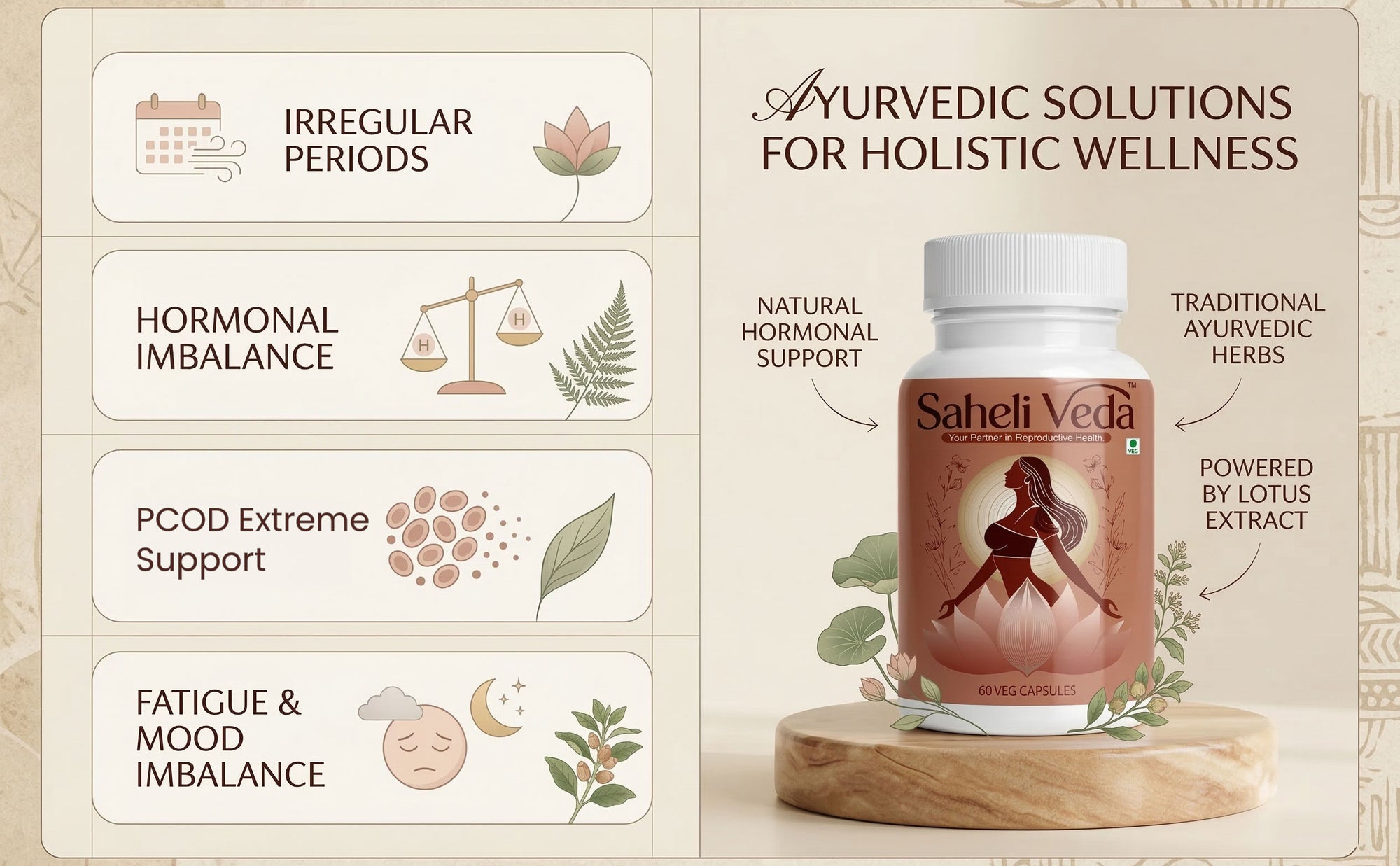 Saheli Veda Ayurvedic product with wellness benefits on a beige background