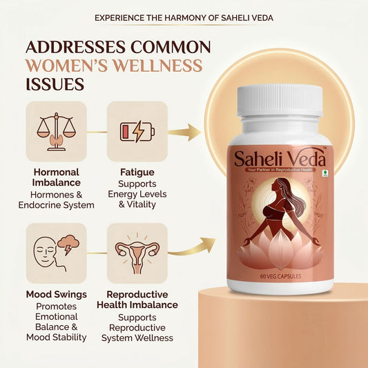 Saheli Veda supplement bottle with product features on a beige background