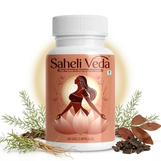 Saheli Veda supplement bottle with herbs on a white background