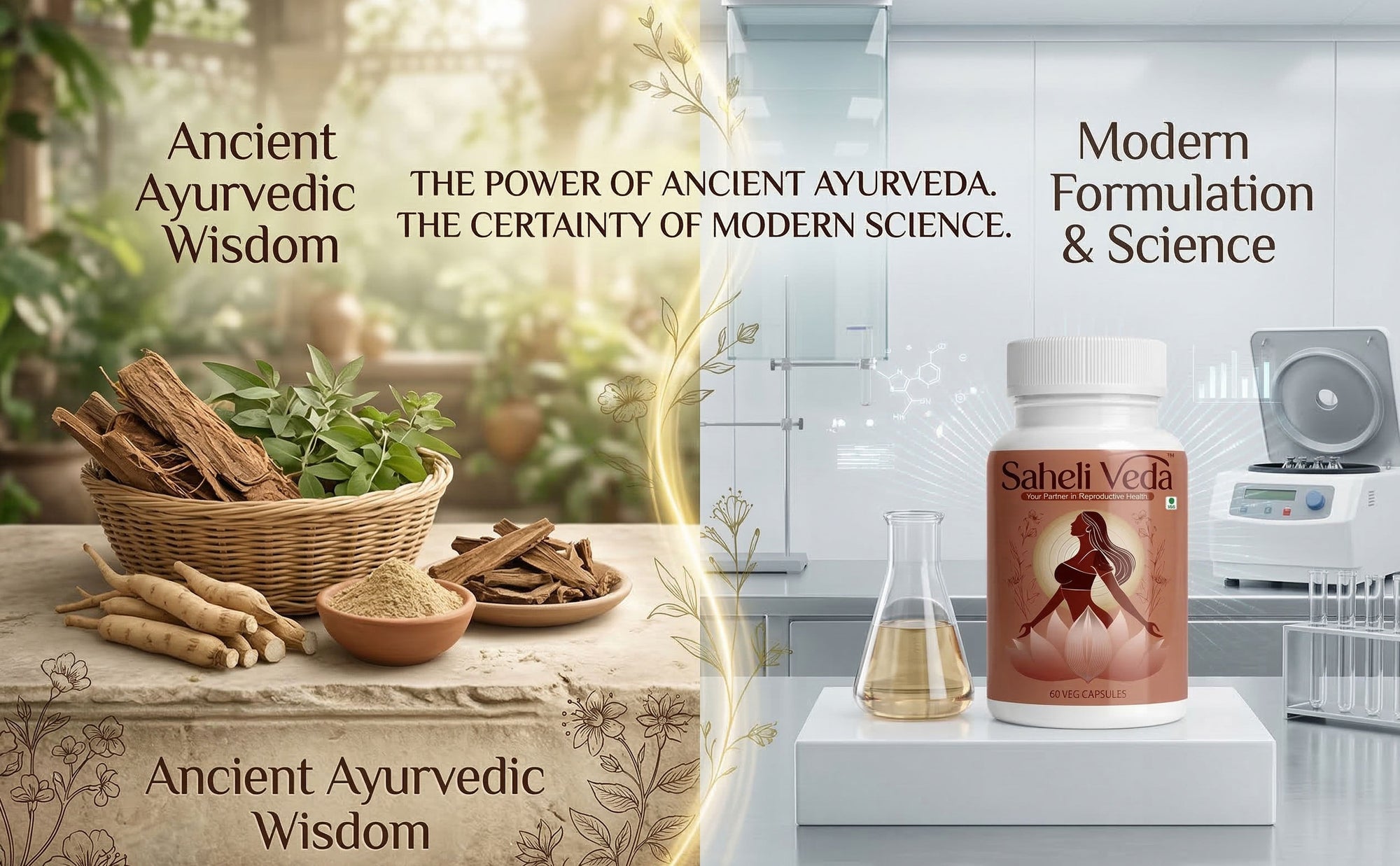 Advertisement comparing ancient Ayurvedic wisdom with modern formulation and science, featuring natural elements and a product container.