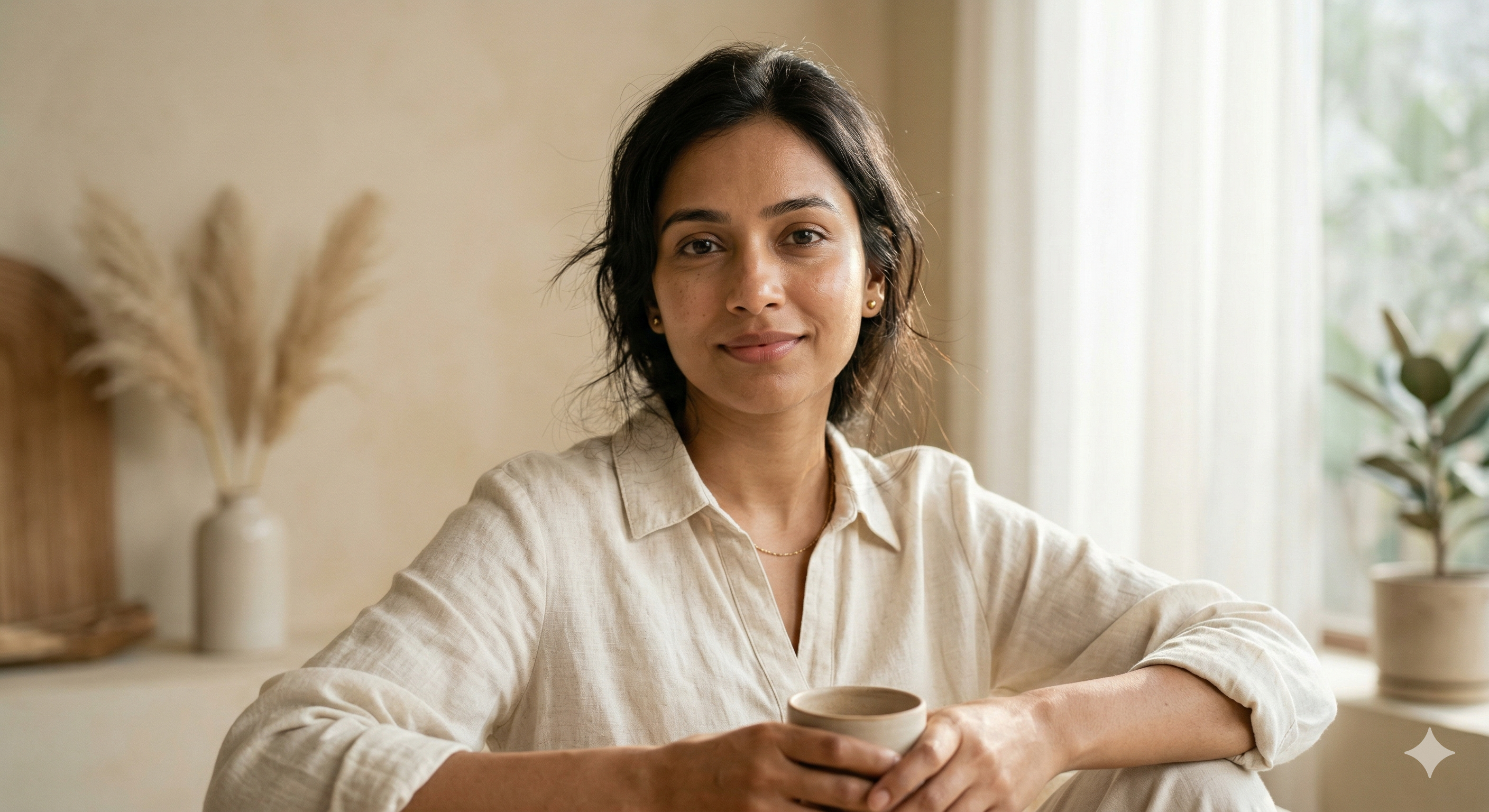 Woman holding a cup in a cozy indoor setting with plants and soft lighting