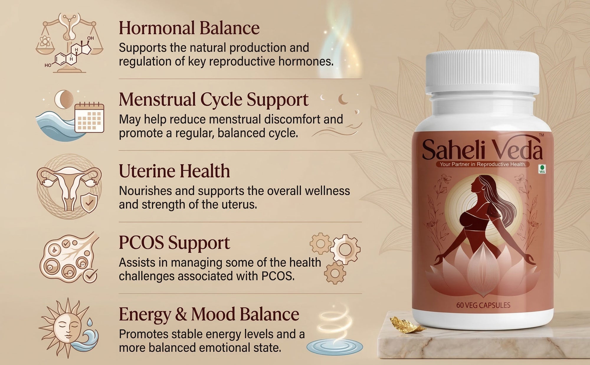 Saheli Veda supplement bottle with product features on a beige background