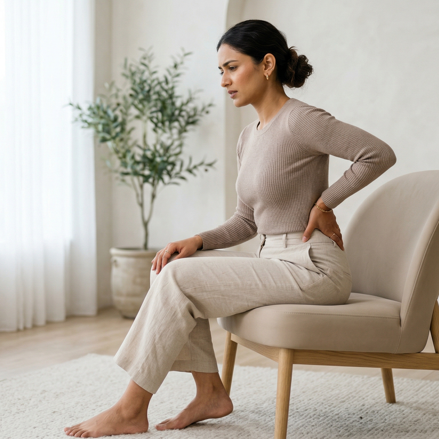 Woman sitting on a chair in a bright, minimalistic room.