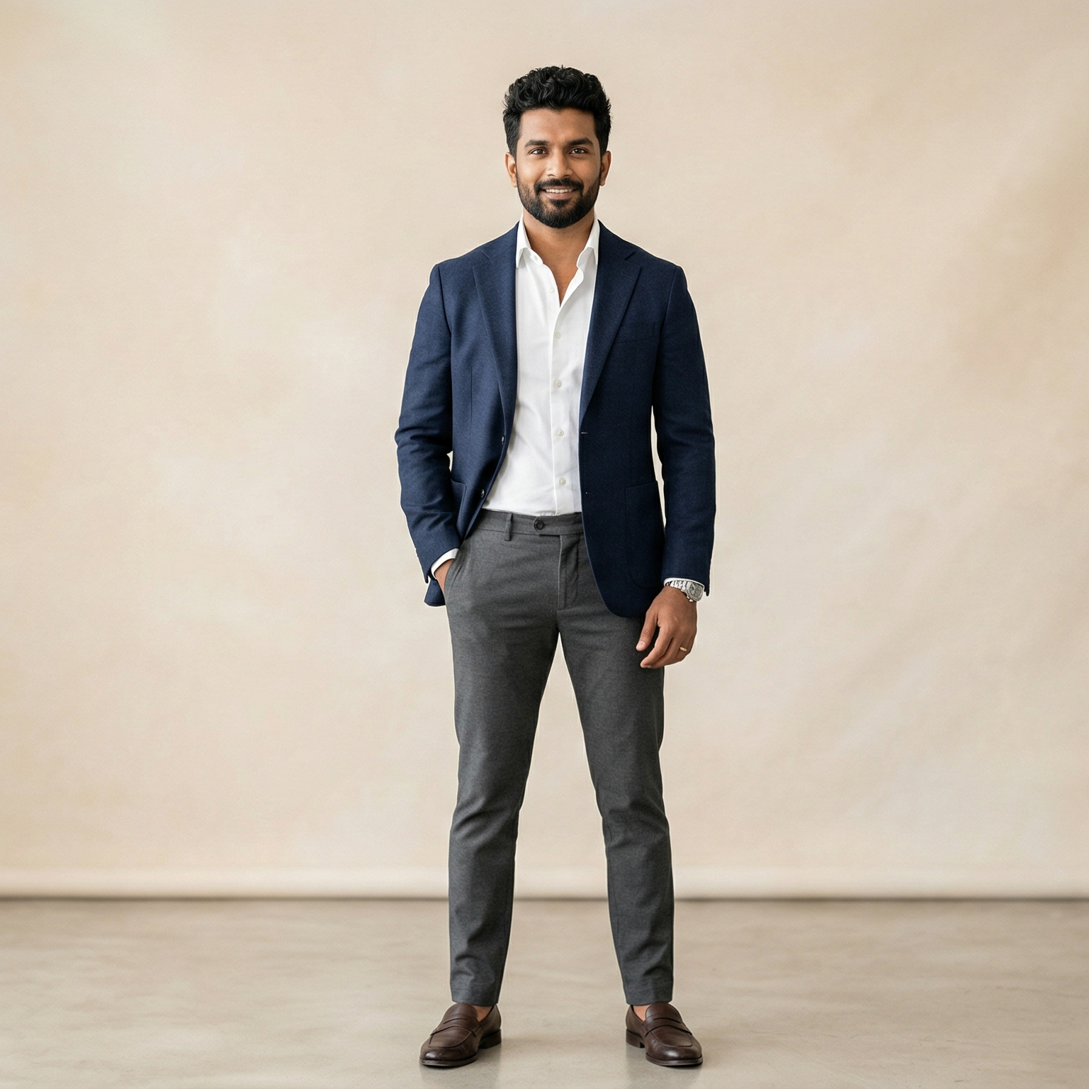 Man wearing a blue blazer and gray pants standing against a beige wall.