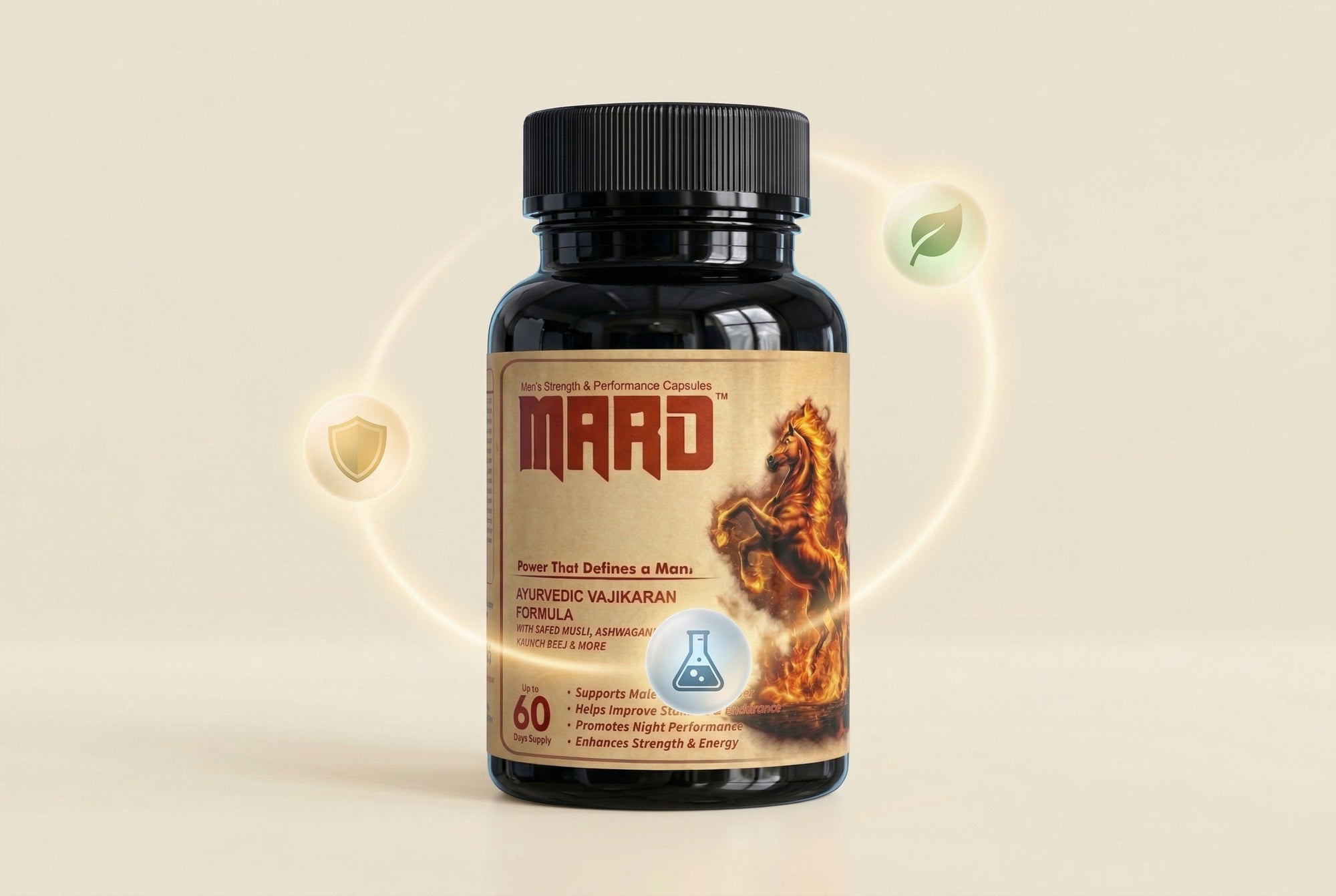 Supplement bottle labeled 'MARD' with a horse illustration on a beige background