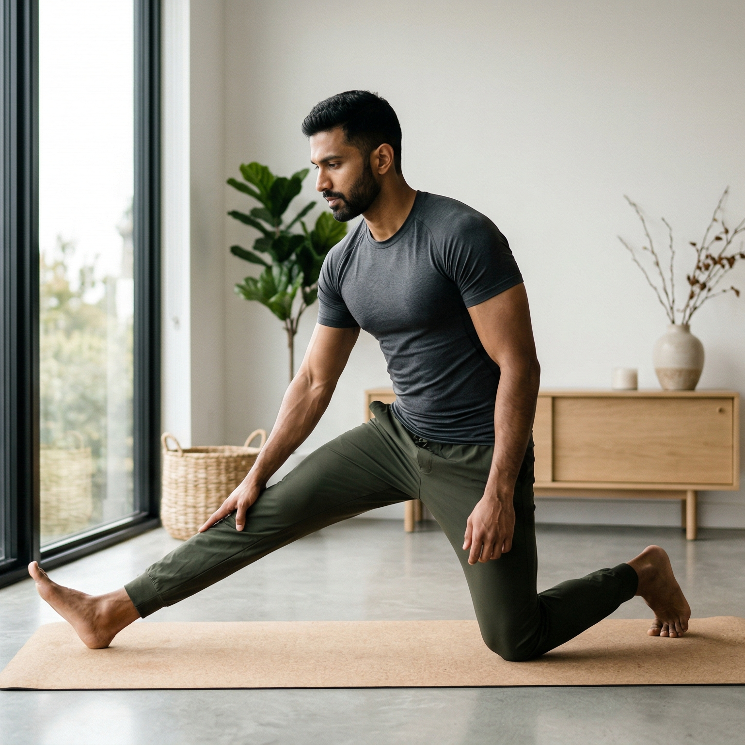 Man stretching on a yoga mat in a modern living room