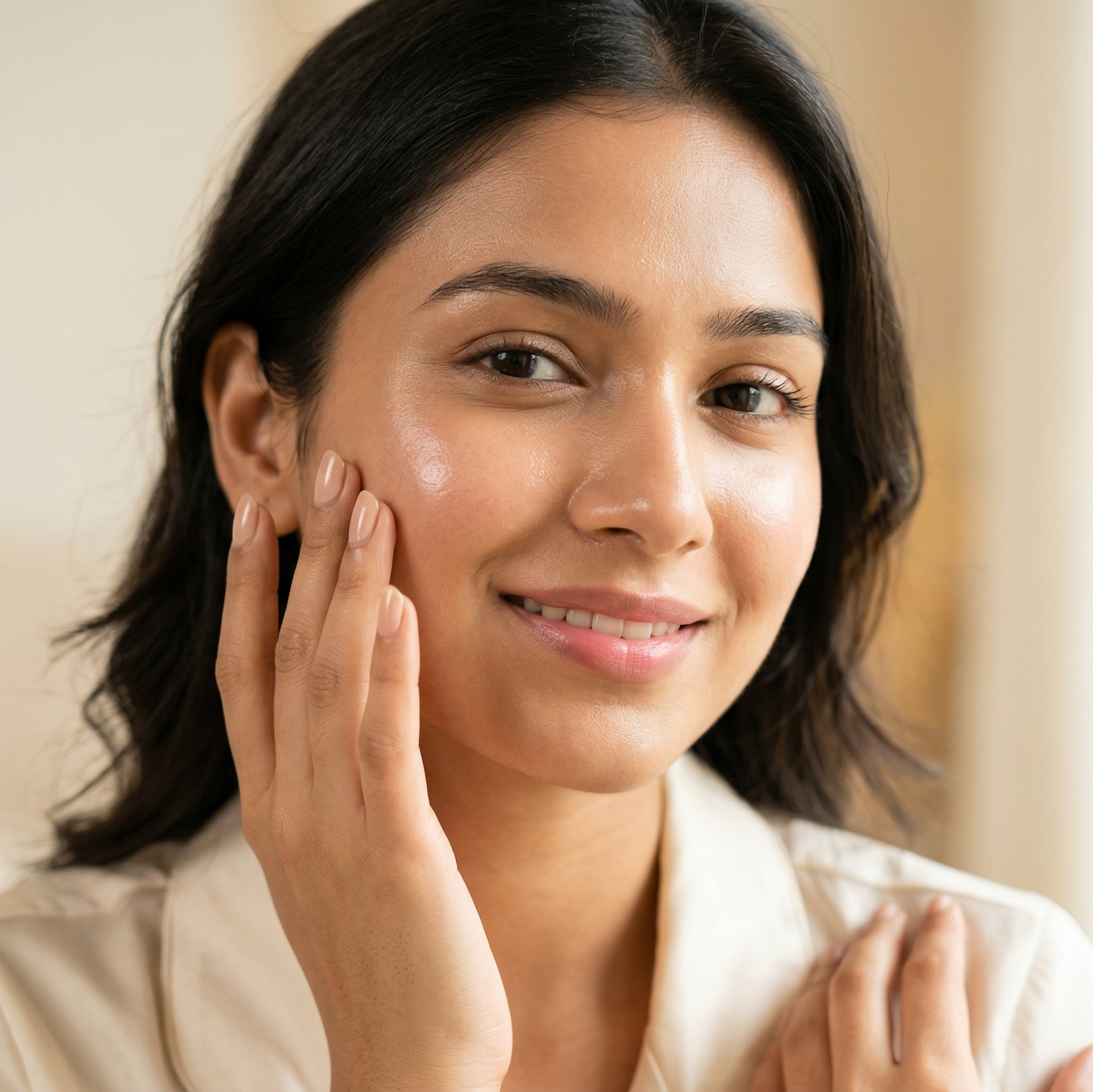 Woman touching her face with a neutral background