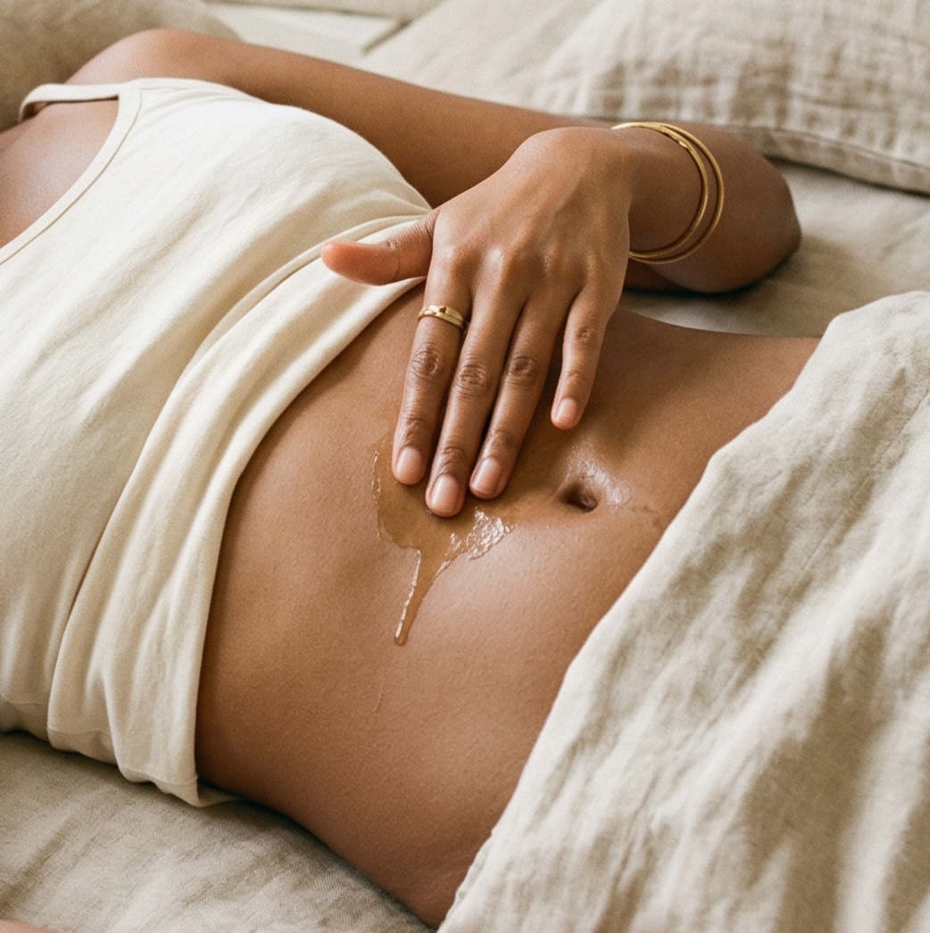 Pregnant woman lying on a bed with a soft, neutral color palette.