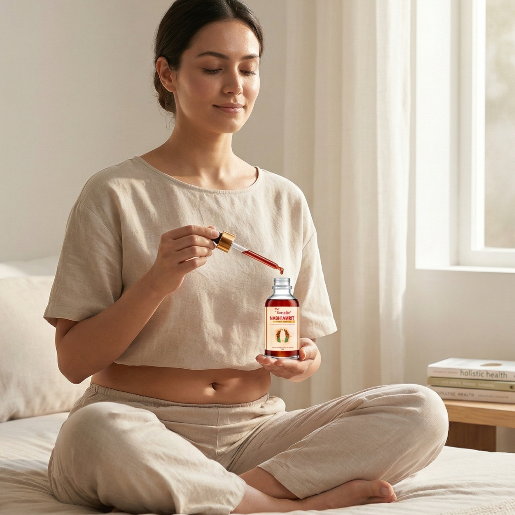 Woman sitting on a bed holding a bottle and a box with 'Formula' branding.