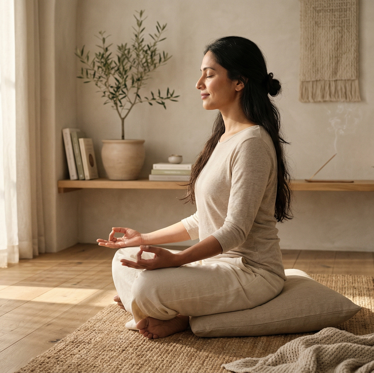 Woman meditating in a serene room with natural light