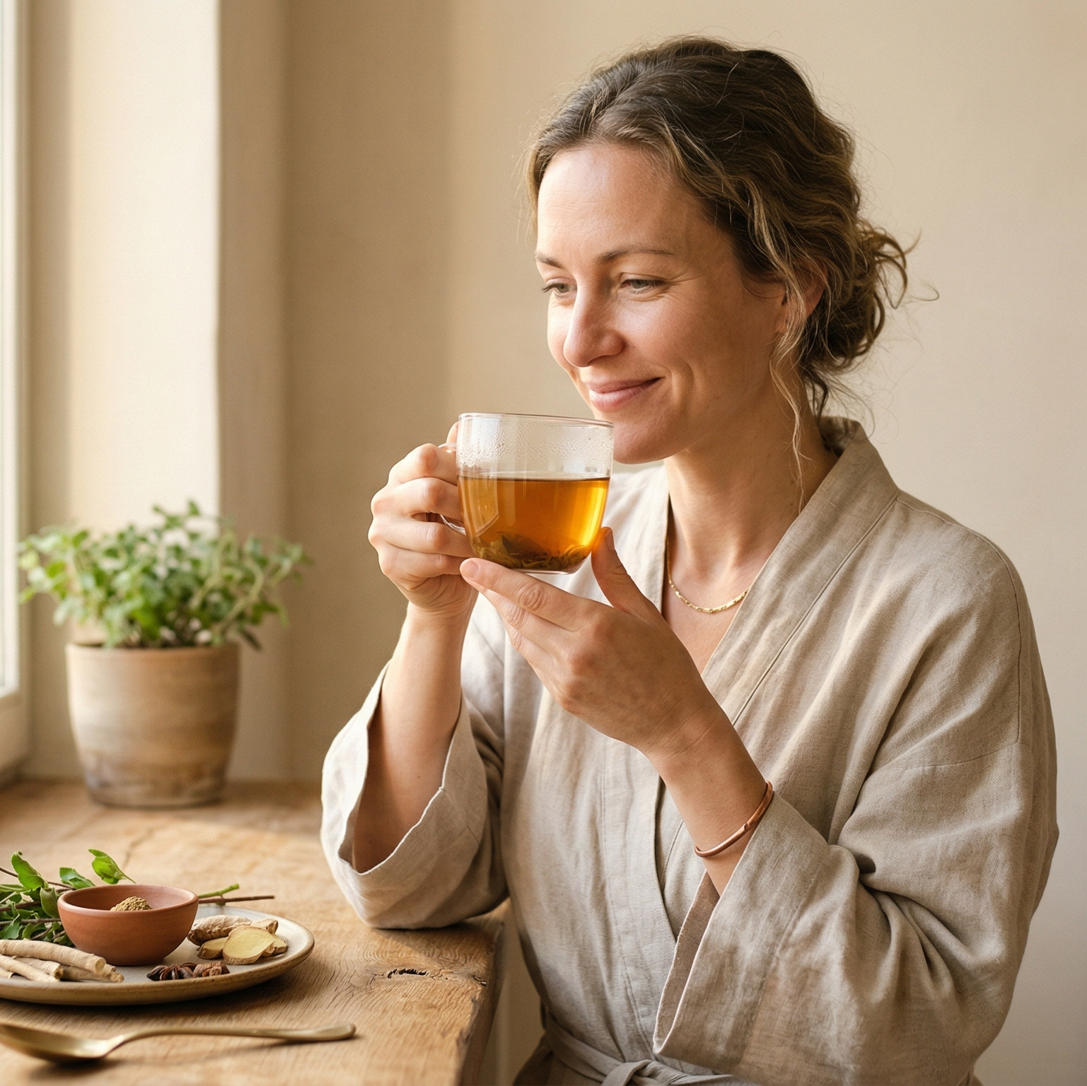 Woman in a robe holding a cup of tea by a window with a plate of food.