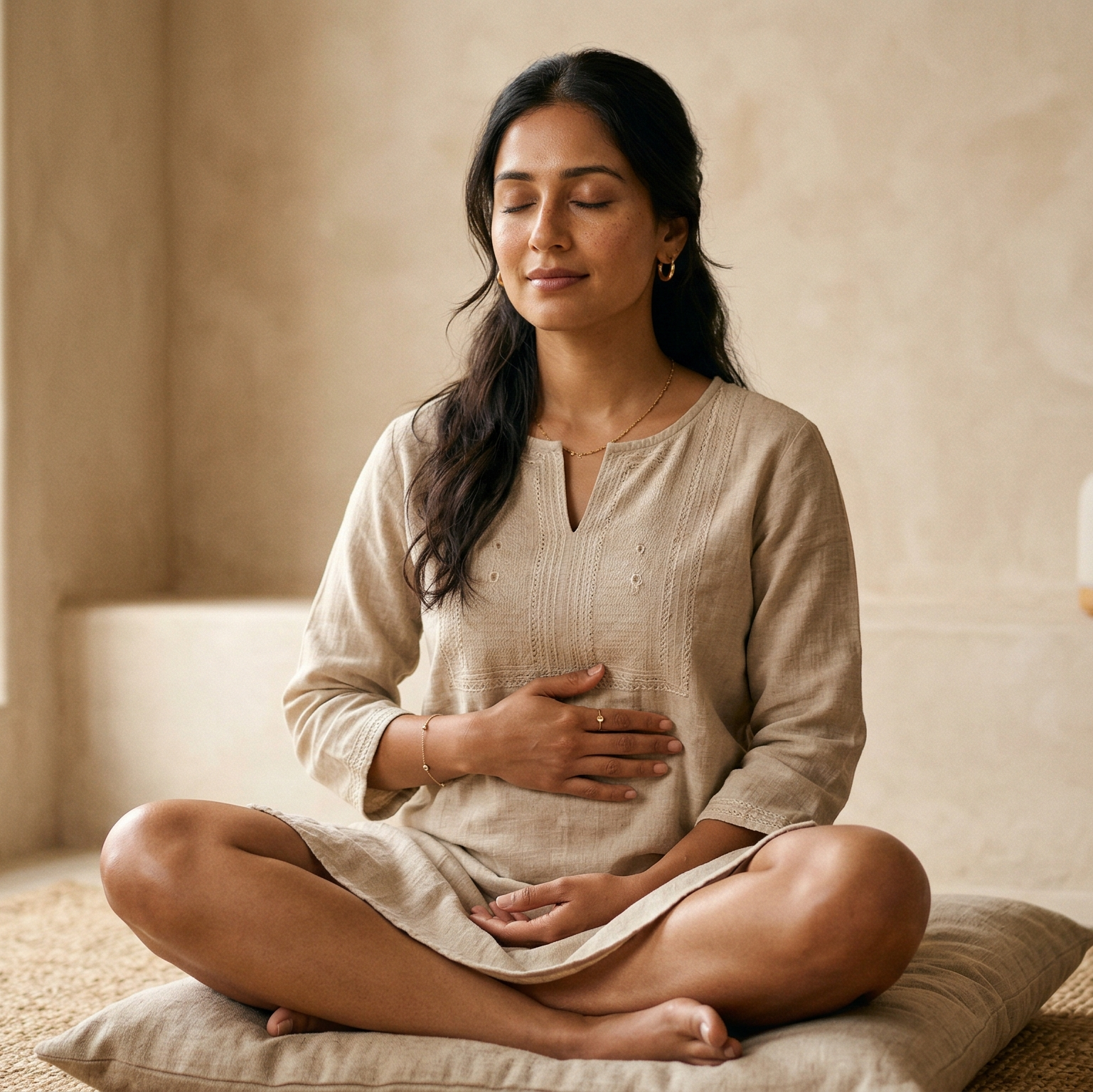 Woman meditating in a serene room with a plant and bottles on a shelf.