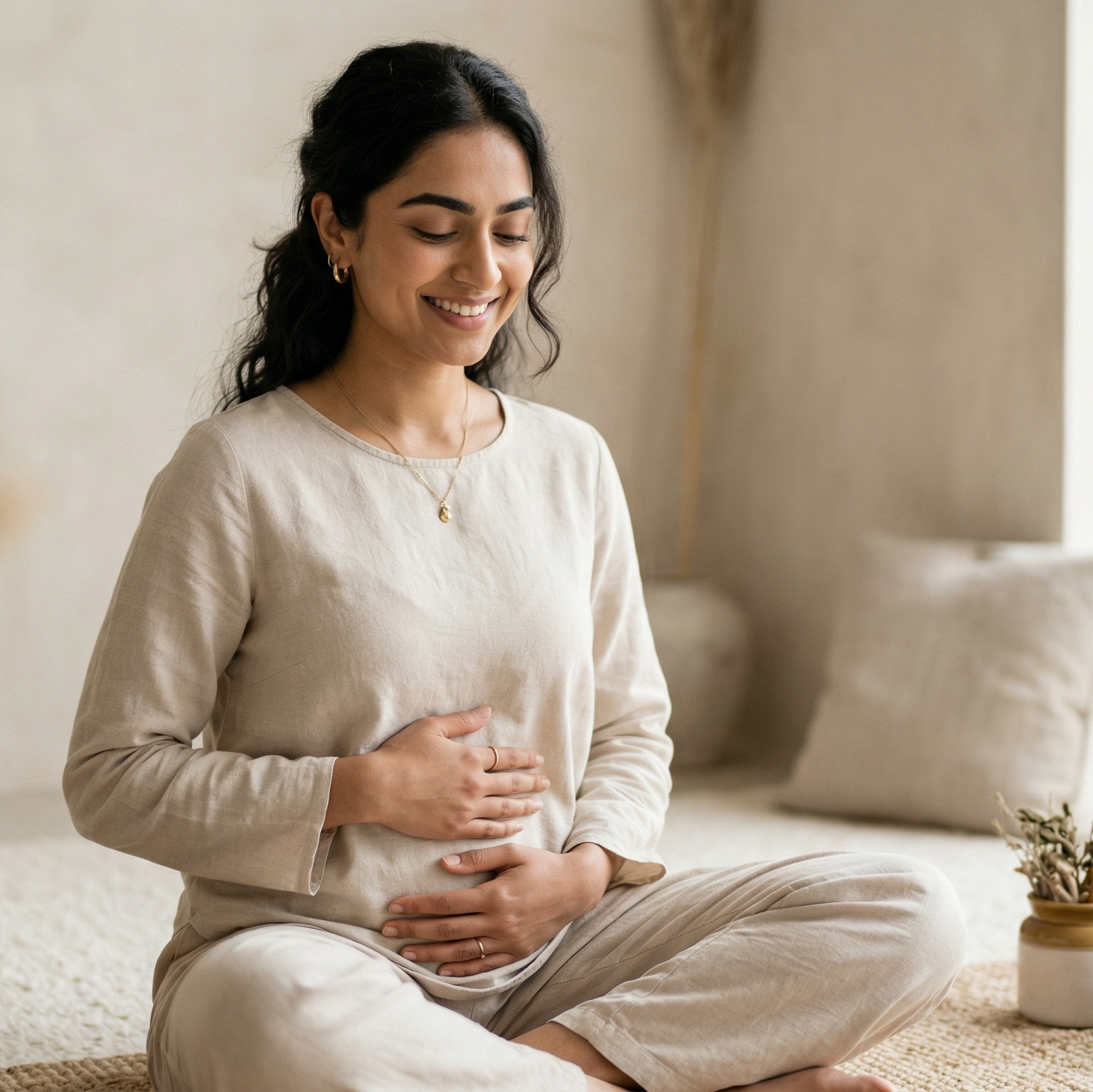 Woman sitting in a lotus position on a cushioned floor in a softly lit room.