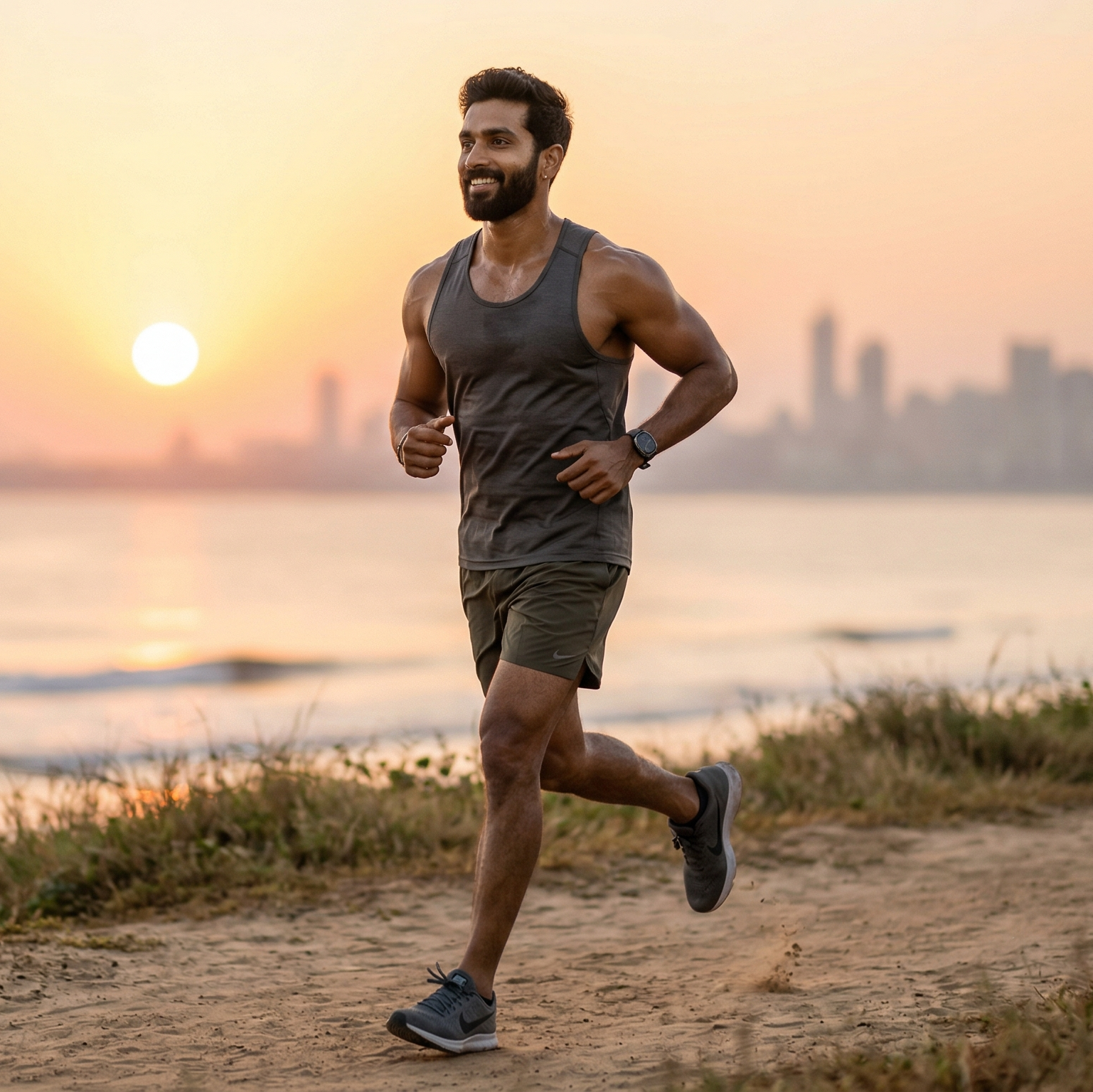 Man running on a path by the sea with a city skyline in the background during sunset.