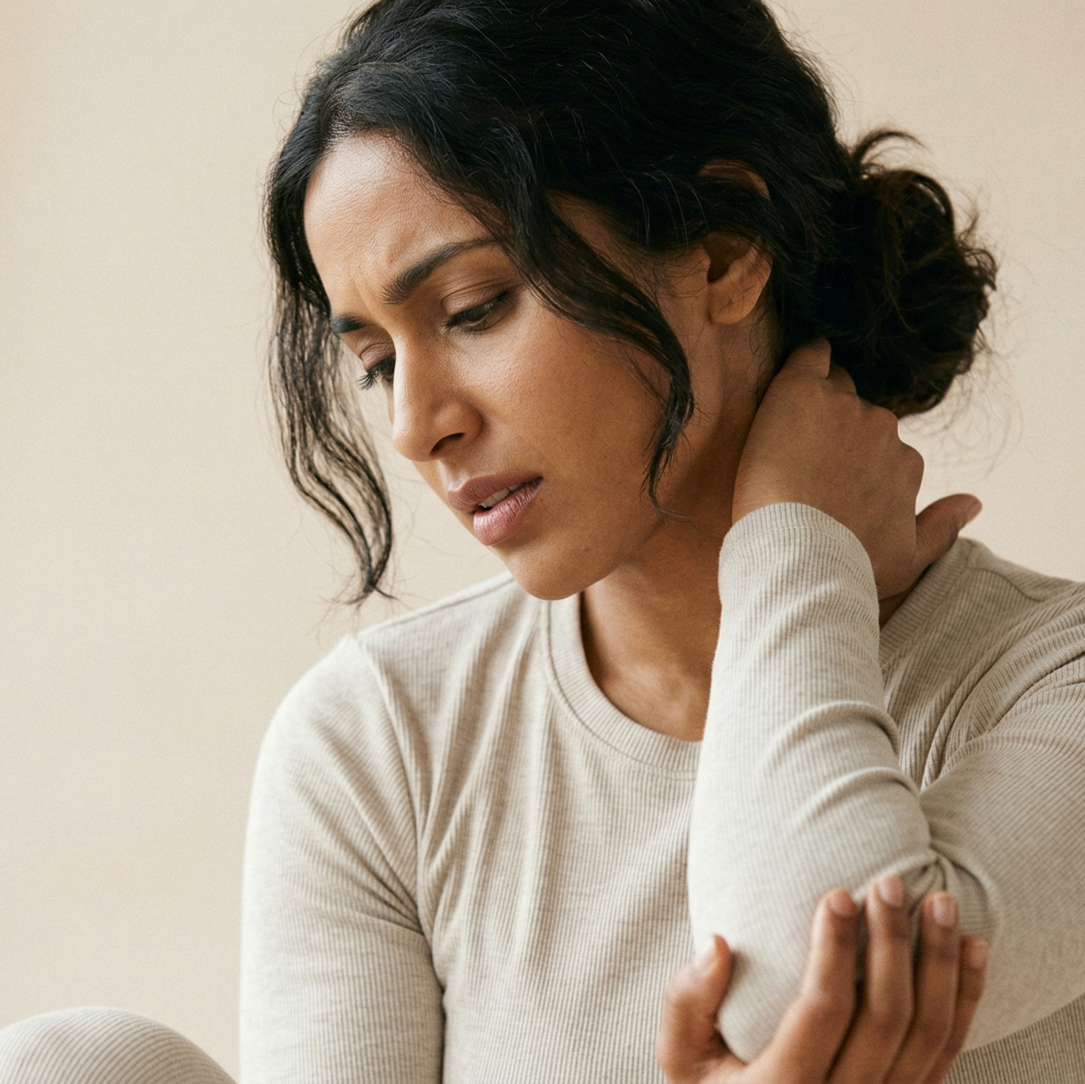 Woman experiencing neck pain wearing a beige long-sleeve shirt against a plain background